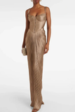 Nicoletta Gold Glossy Pleated Corset Maxi Dress with Sweetheart Neckline
