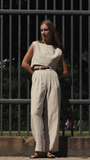 Leinenmischgewebe-Top mit kurzem Oberteil und plissierte Hose mit weitem Bein – Set