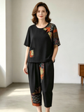 Ethnic Patchwork Linen-Cotton Short Sleeve Two-Piece Set