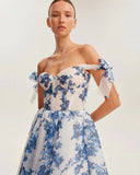 Off-Shoulder Organza Floral Midi Dress with Tie Straps