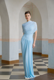 Asymmetrical Pleated Maxi Dress with Mesh Shawl and Draped Detailing