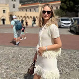 Grid Knit Fringe Trim Top & High-Waisted Mini Skirt Two-Piece Set