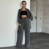 Oversized Denim Shirt & Wide-Leg Pants Two-Piece Set