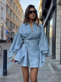 Lantern Sleeve Tie-Waist Denim Shirt Dress