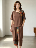 Ethnic Patchwork Linen-Cotton Short Sleeve Two-Piece Set