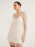 Beaded Sheer Mesh Two-Piece V-Neck Slip Dress