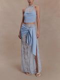 Lace Patchwork Halter Crop Top & Maxi Skirt Two-Piece Set