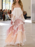 Lace Trim Tiered Maxi Gown