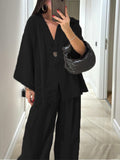 V-Neck One-Button Top & High-Waist Trousers Two-Piece Set