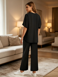 Women's Polyester Oversized Round Neck Two-Piece Set | Wide Leg Cropped Pants
