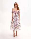 Off-Shoulder Organza Floral Midi Dress with Tie Straps