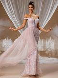Off-Shoulder Pink Beaded Mermaid Evening Gown