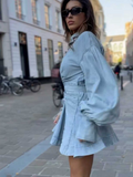 Lantern Sleeve Tie-Waist Denim Shirt Dress