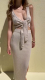Ribbed Knit Tie-Front Crop Top & Midi Skirt Co-ord Set