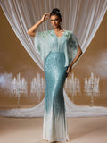 Ethereal Aegean mist ombre sequin mermaid gown featuring crystal-embroidered batwing cape sleeves and a V-neck illusion neckline for formal galas.