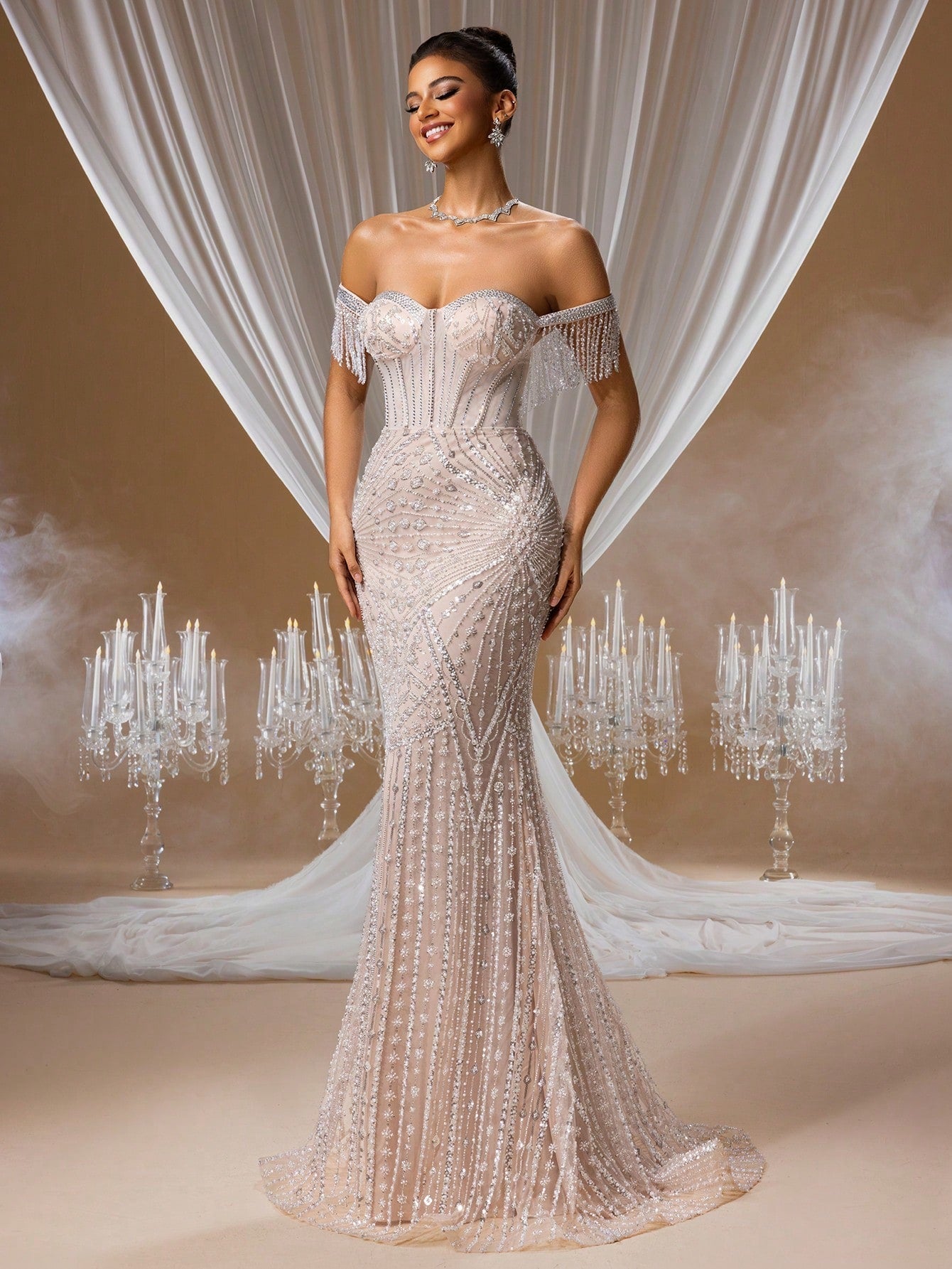 zara champagne dress Off-Shoulder Mermaid Gown with Crystal Embroidery – Anozara color-group_moira-dress Dua Lipa Is A FLORAL JACQUARD MIDI DRESS Size:42 Regular