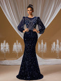 Deep navy blue sequin mermaid evening gown with elegant sheer lantern sleeves, intricate rhinestone embroidery, and a dramatic floor-length train for formal galas.