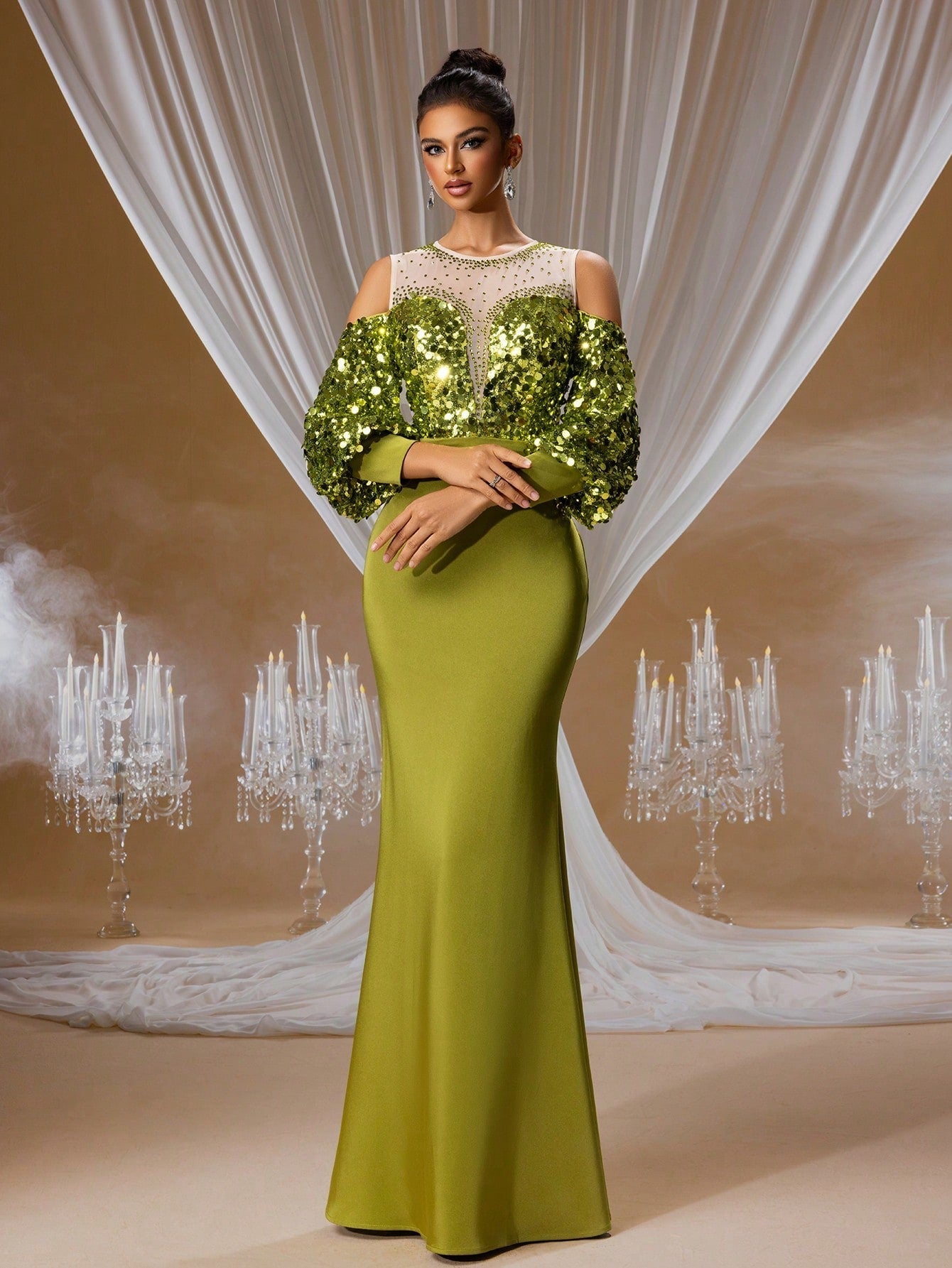 Gilded olive green sequin mermaid evening gown featuring dramatic sequin-embellished lantern sleeves, a beaded illusion neckline, and a figure-hugging silhouette for formal galas.