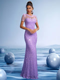 Lilac sequin mermaid evening gown featuring a sheer high neck with keyhole detail and shimmering floral bead embroidery for formal galas.