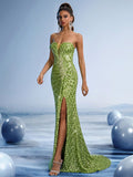 Vibrant lime green sequin mermaid evening gown featuring a strapless sweetheart neckline, a daring high thigh slit, and a delicate floor-length train for proms or red carpet galas.