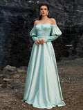 Mint green off-shoulder A-line evening gown with intricate crystal-embroidered bodice, elegant puff sleeves, and a flowing satin skirt for formal galas or weddings.