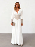 White Deep V‑Neck Maxi Dress with Rhinestone Corset Belt