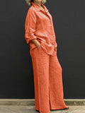 Cotton Linen Collared Shirt & Wide Leg Pants Two-Piece Set