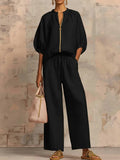 Zip-Up Bubble Sleeve Wide Leg Two-Piece Set