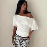 Sexy Ruched One-Shoulder Slim Fit Milk Silk T-Shirt