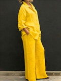 Cotton Linen Collared Shirt & Wide Leg Pants Two-Piece Set