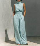 Linen-Look Sleeveless Turtleneck & High-Waisted Wide Leg Pants Set