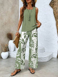 Plant Print Sleeveless Tank & Wide Leg Pants Two-Piece Set