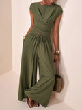 Cross Wrap Irregular Top & High-Waisted Wide Leg Pants Set