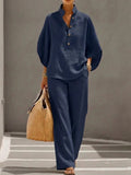 Linen Blend Half-Sleeve V-Neck Button Top & Straight Leg Pants Two-Piece Set