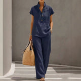 Casual Solid Color Stand-Collar Half-Sleeve Two-Piece Set