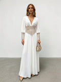 White Deep V‑Neck Maxi Dress with Rhinestone Corset Belt