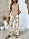 Plant Print Sleeveless Tank & Wide Leg Pants Two-Piece Set