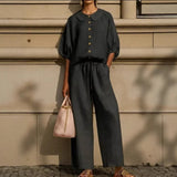 Peter Pan Collar Lantern Sleeve Linen Two-Piece Set