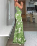 Strapless Smocked Printed Sexy Mermaid Maxi Dress