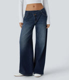 Low-Rise Asymmetrical Button Wide Leg Washed Denim Jeans