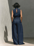 Linen-Look Sleeveless Turtleneck & High-Waisted Wide Leg Pants Set