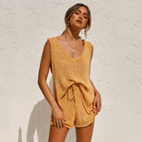 Deep V-Neck Knit Tank & Shorts Cotton-Blend Two-Piece Set