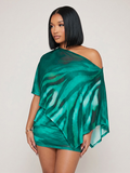 Abstract Print Off-Shoulder Mesh Two-Piece Set