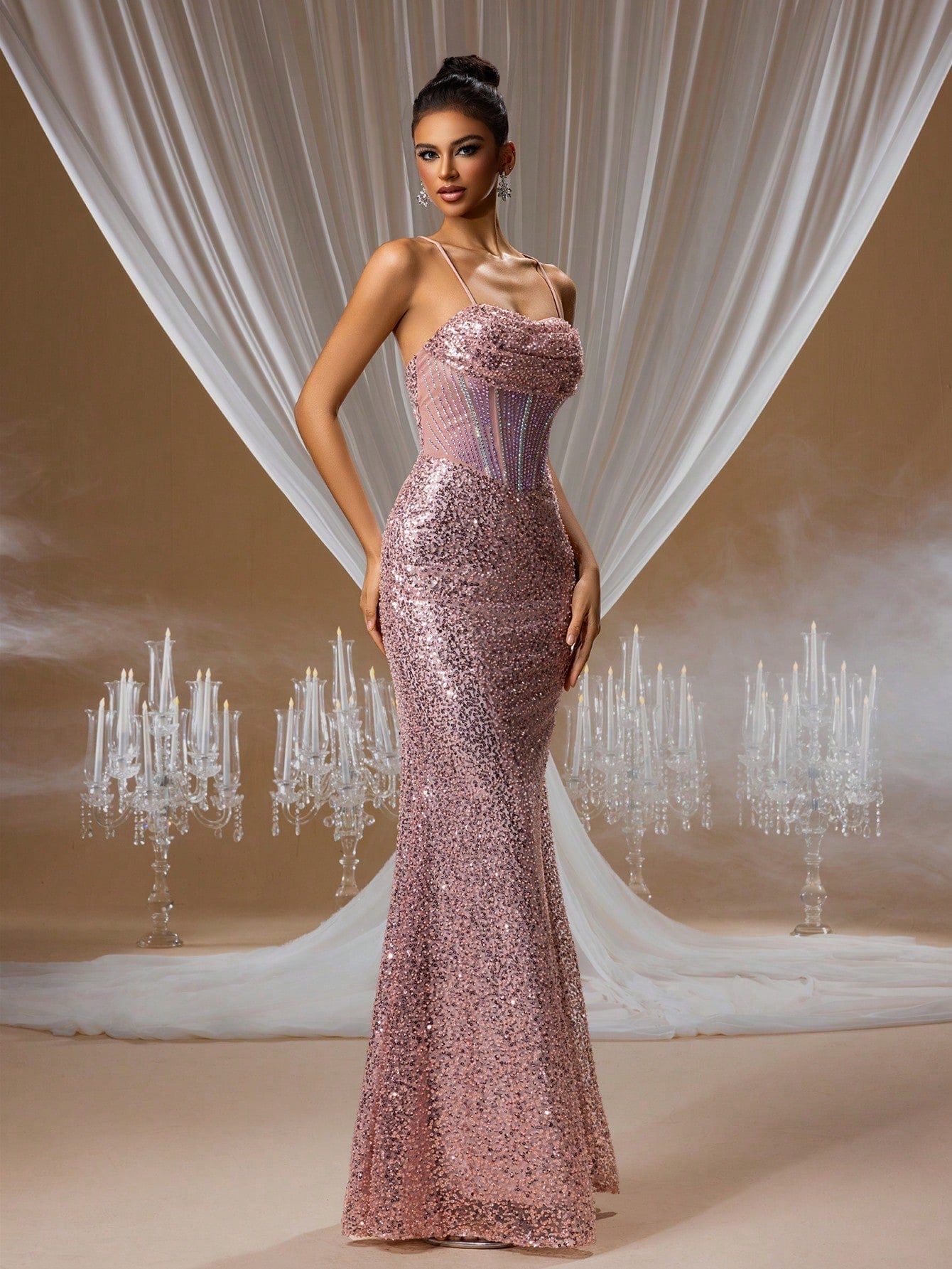 Rose quartz sequin mermaid evening gown featuring a sweetheart neckline, delicate spaghetti straps, and a glamorous lace-up back for red carpet galas