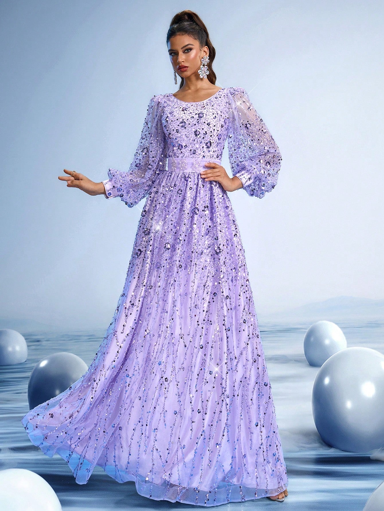 Stunning lilac purple evening gown featuring intricate floral sequin embroidery, elegant long puff sleeves, and a hand-beaded waistband for formal weddings or galas.