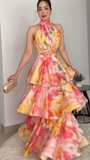 Watercolor Floral Halter Crop Top & Tiered Ruffle Maxi Skirt Set