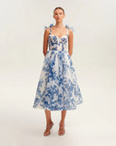 Off-Shoulder Organza Floral Midi Dress with Tie Straps