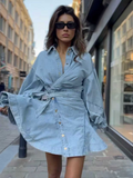 Lantern Sleeve Tie-Waist Denim Shirt Dress