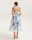 Off-Shoulder Organza Floral Midi Dress with Tie Straps