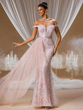 Off-Shoulder Pink Beaded Mermaid Evening Gown